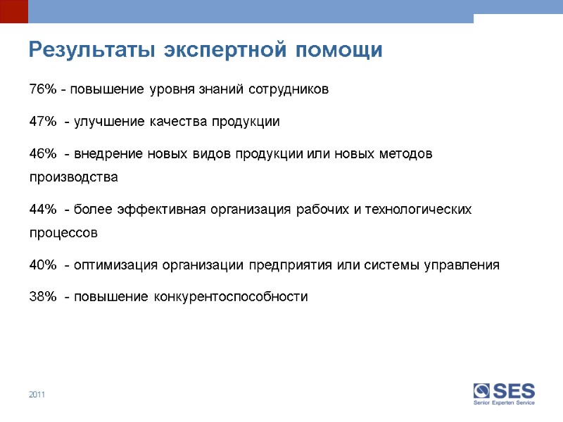 Результаты экспертной помощи 76% - повышение уровня знаний сотрудников  47%  - улучшение